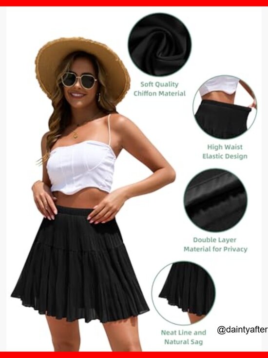 Chiffon High Waisted A-Line Pleated Mini Skirt Boho Flowy Summer - Picture 4 of 7